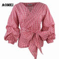 Sexy Deep V-neck Waist Belt Red Gingham Peplum Puff Sleeve Women Blusa